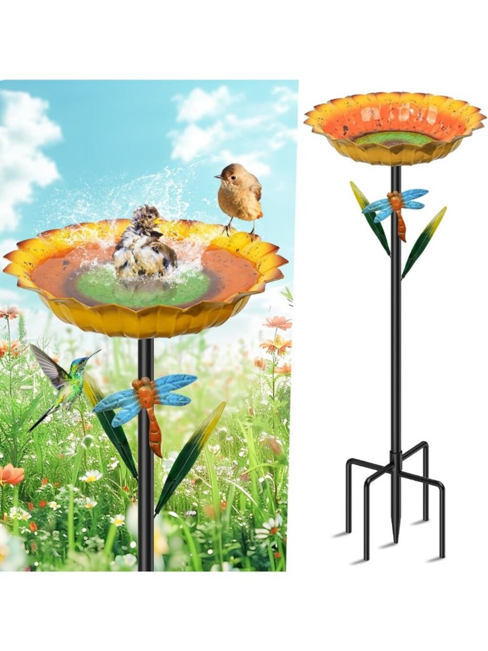 Vintage Metal Sunflower Bird Bath - 34” Freestanding Outdoor Decor, 10.2" Wide